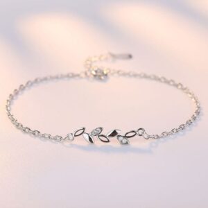 Elegant Leaf Motif Bracelet in Brass with Premium Rhodium-Plated