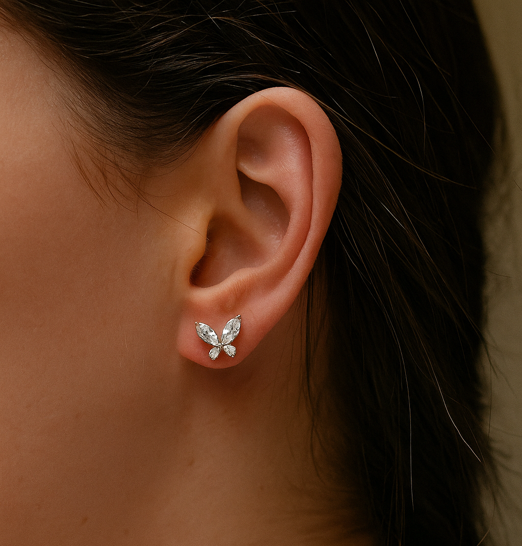 Elegant Butterfly Stud Earrings in Brass with Premium Rhodium-Plated