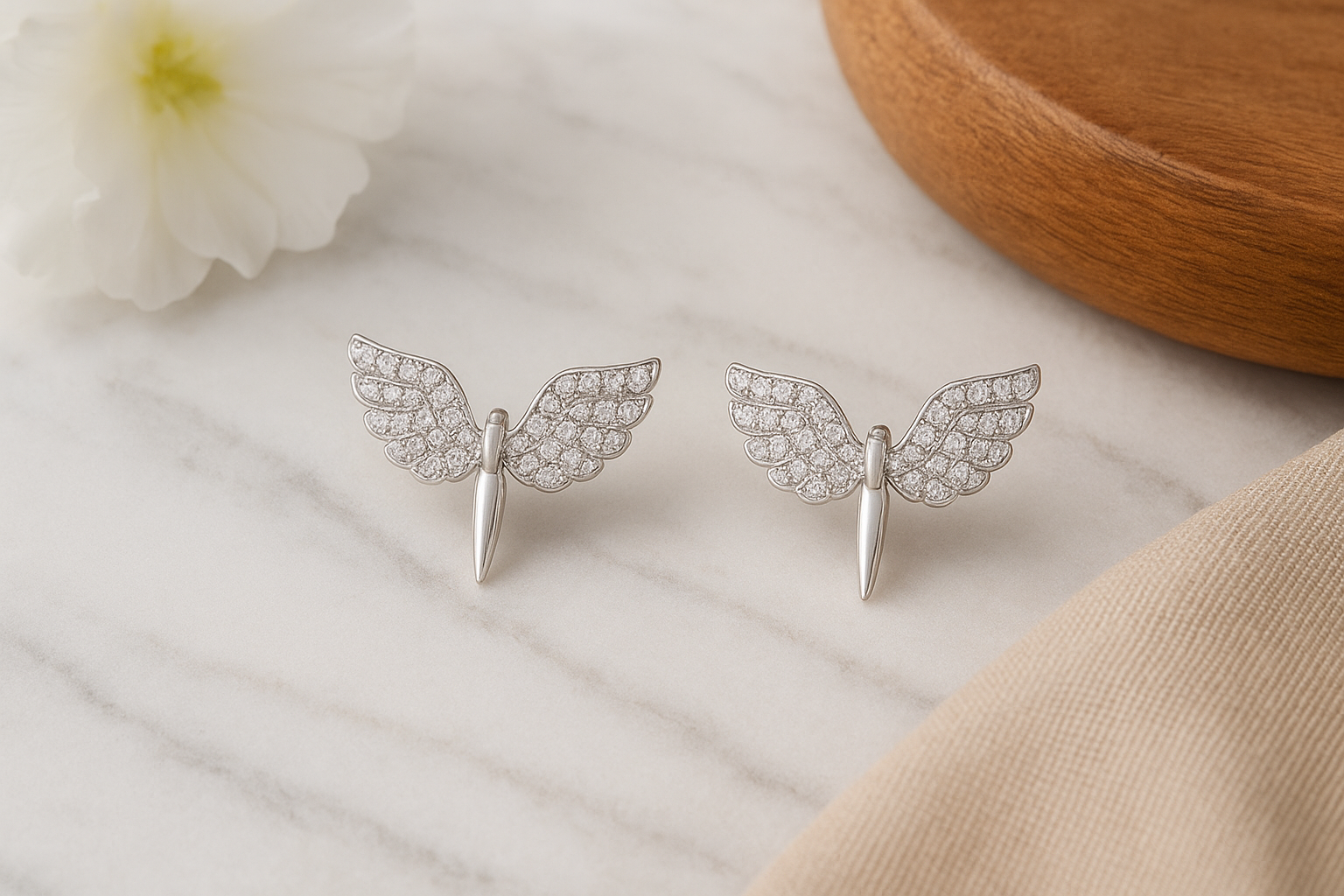 925 Sterling Silver Angel Wing Stud Earrings with Premium Rhodium-Plated - Image 2