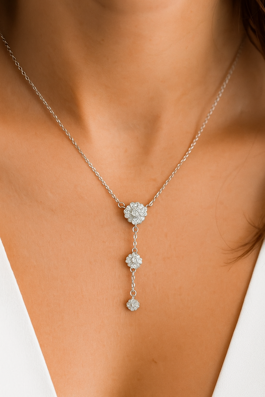 Floral Drop Pendant Necklace in 925 Pure Silver with Premium Rhodium-Plated