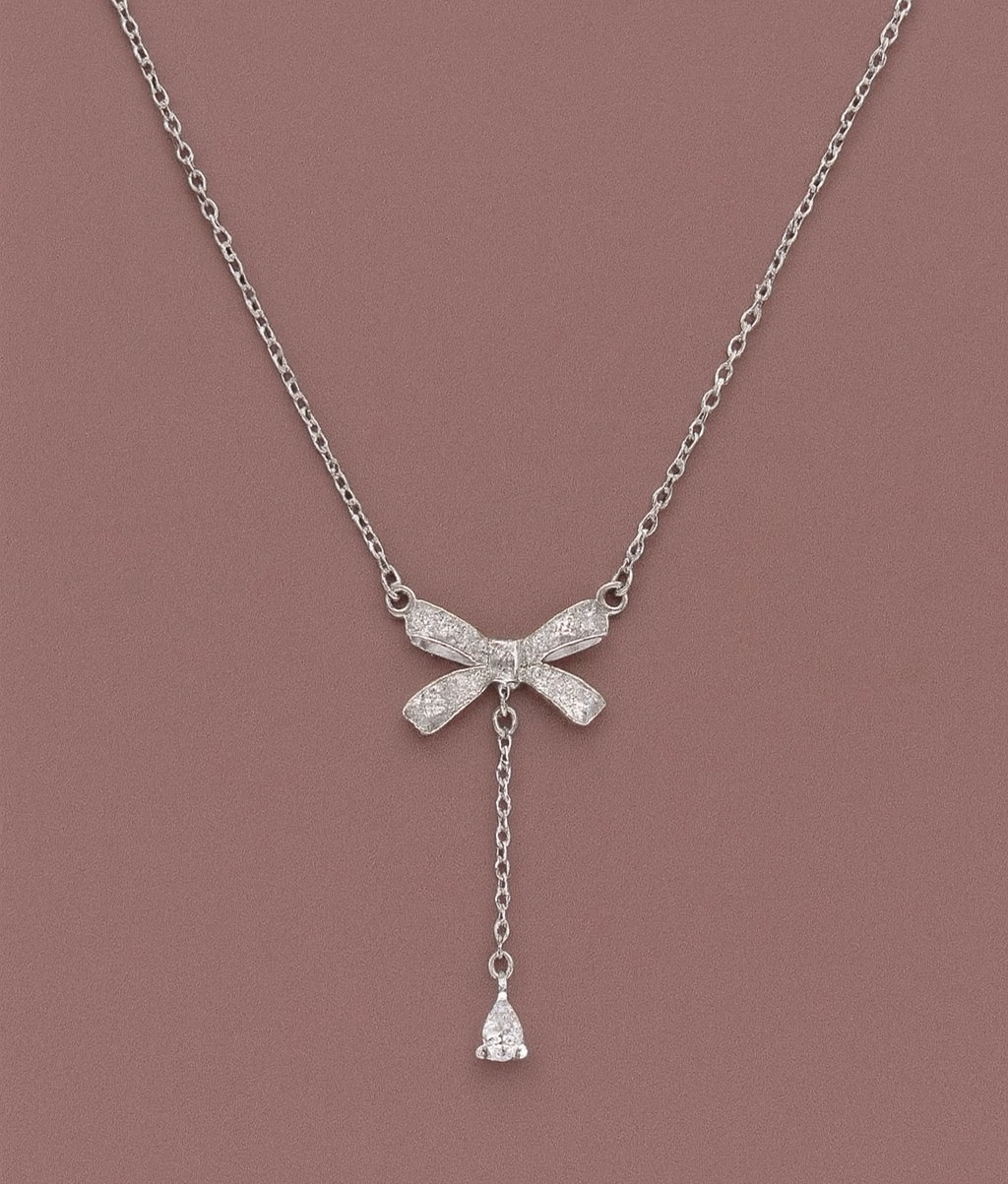 Elegant Bow Pendant Necklace in 925 Pure Silver with Premium Rhodium-Plated