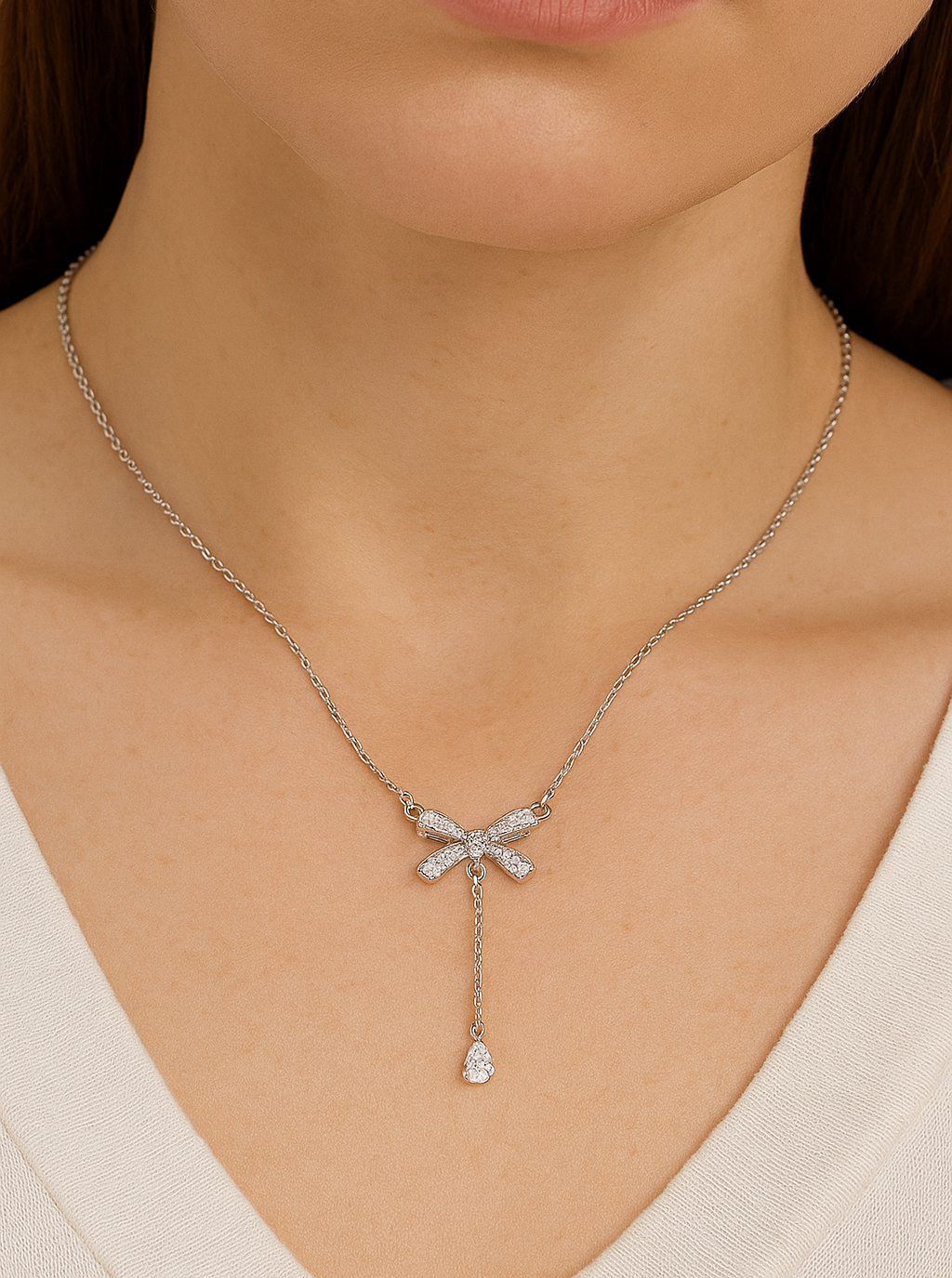 Elegant Bow Pendant Necklace in 925 Pure Silver with Premium Rhodium-Plated - Image 3