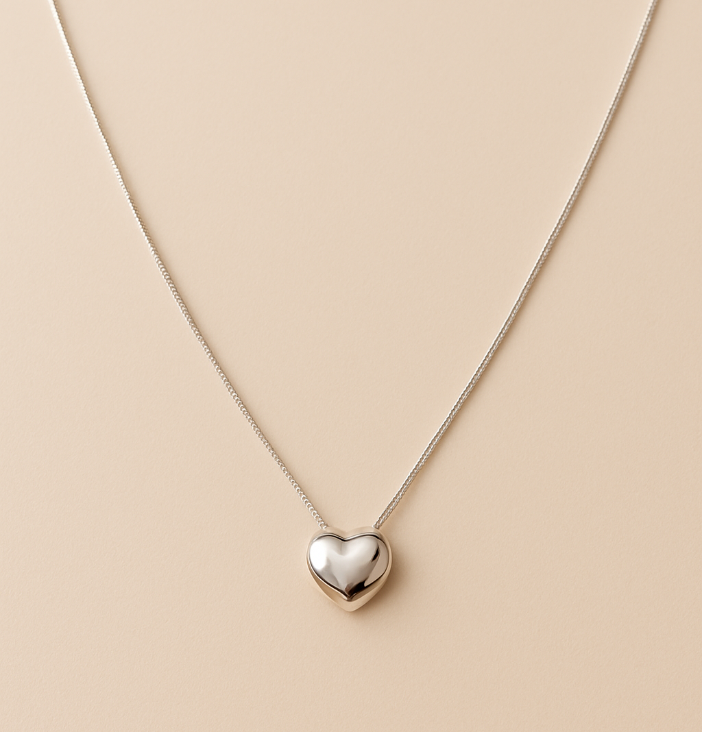 Elegant Heart Pendant Brass Necklace with Rhodium-Plated